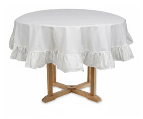 White ruffled round cotton tablecloth for wedding reception table with elegant romantic drape