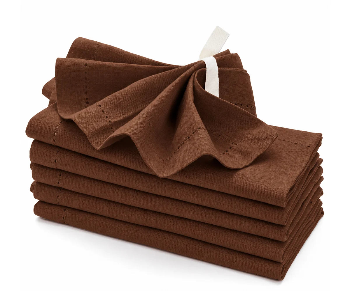 Stacked coffee brown cotton hemstitched dinner napkins set