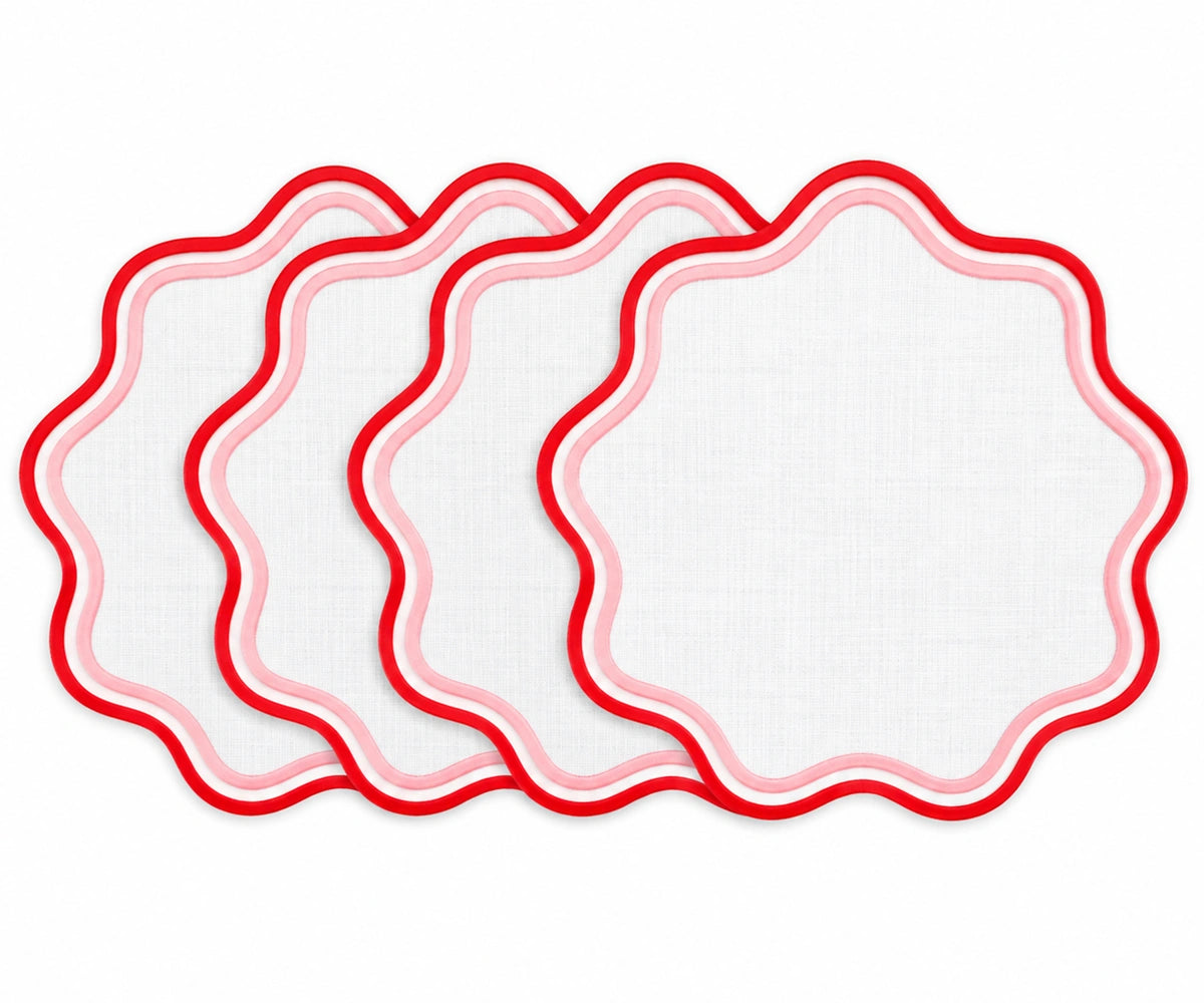 Round pink and red scalloped cotton placemat with wavy edge, colorful round cloth placemat for dining table décor and everyday meals.