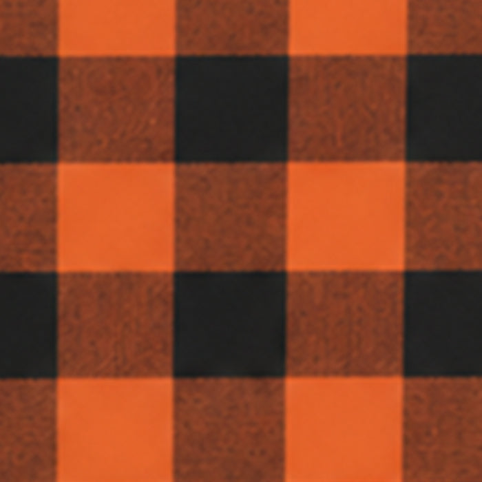 Close up swatch of orange and black 1 inch check cotton fabric.