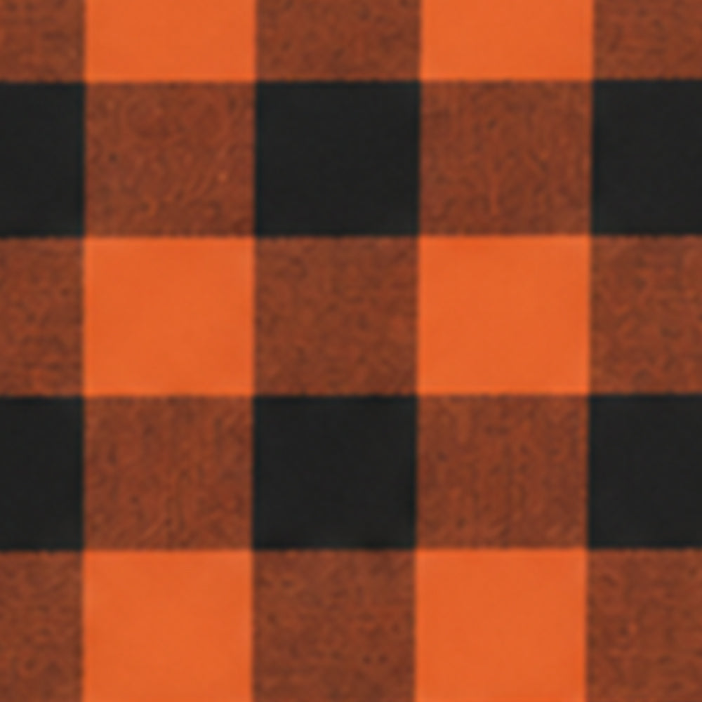Close up swatch of orange and black 1 inch check cotton fabric.