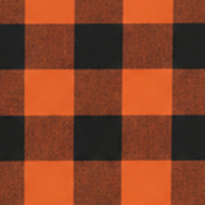 Close up swatch of orange and black 1 inch check cotton fabric.