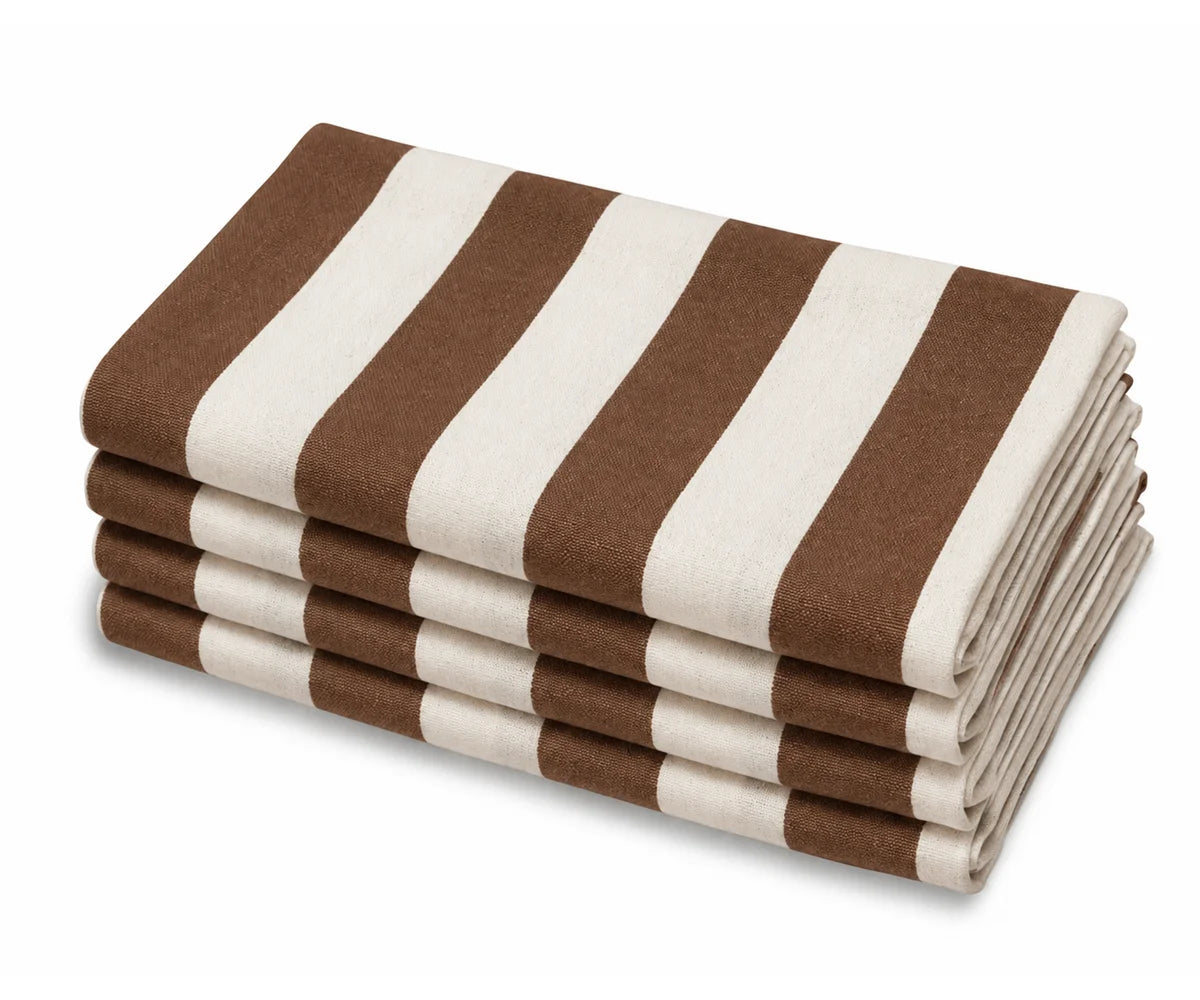A stack of coffee brown and off-white striped cotton cabana dinner napkins.