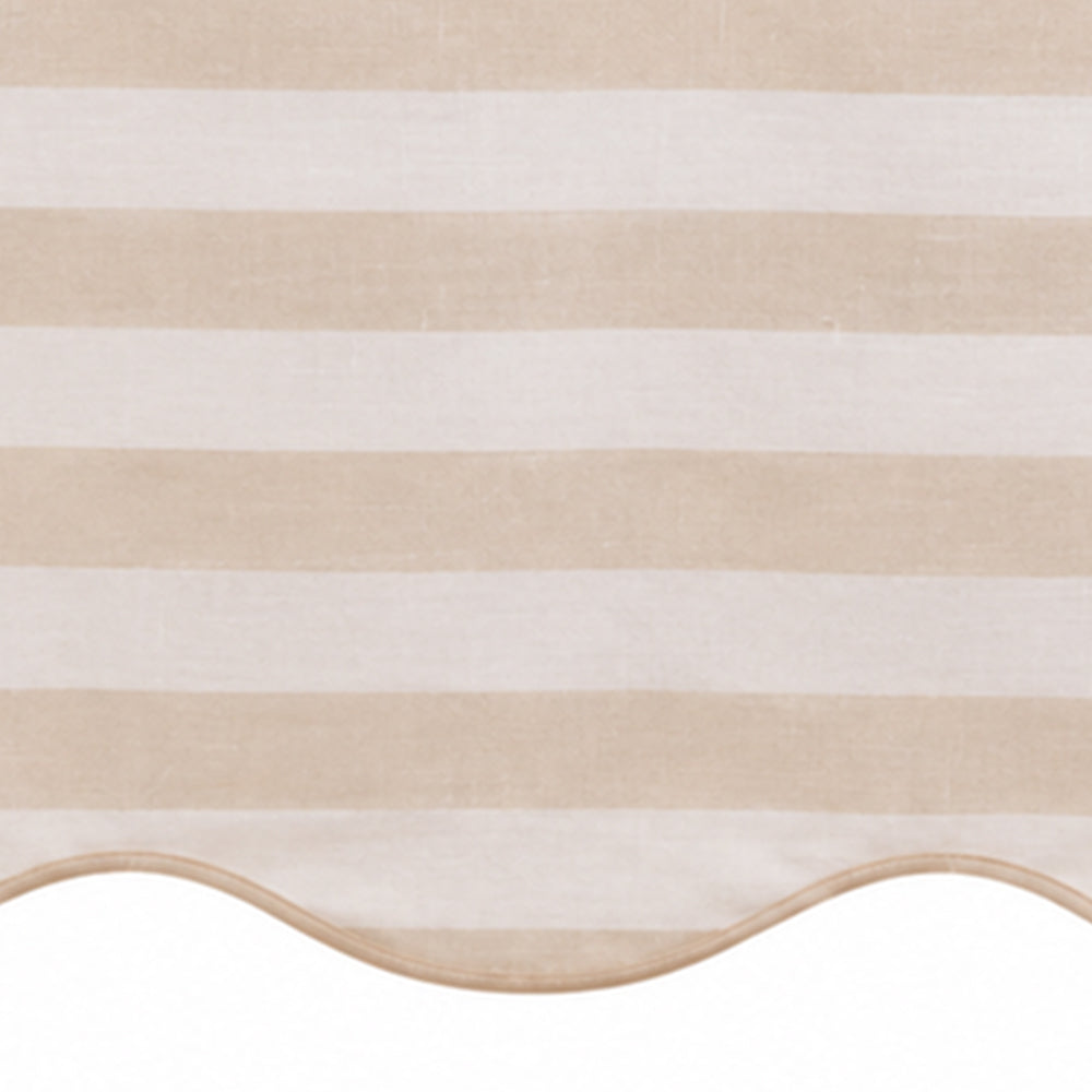 Beige cotton striped tablecloth with scalloped edge for neutral farmhouse and modern dining décor