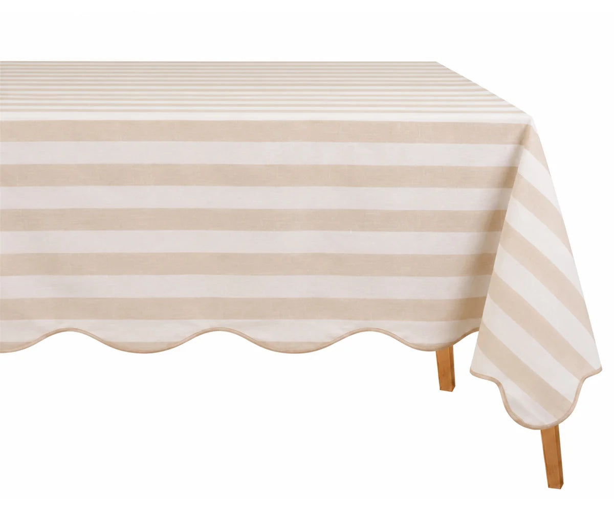 Beige striped tablecloth with scalloped edge, cotton tablecloth for farmhouse dining and elegant table settings