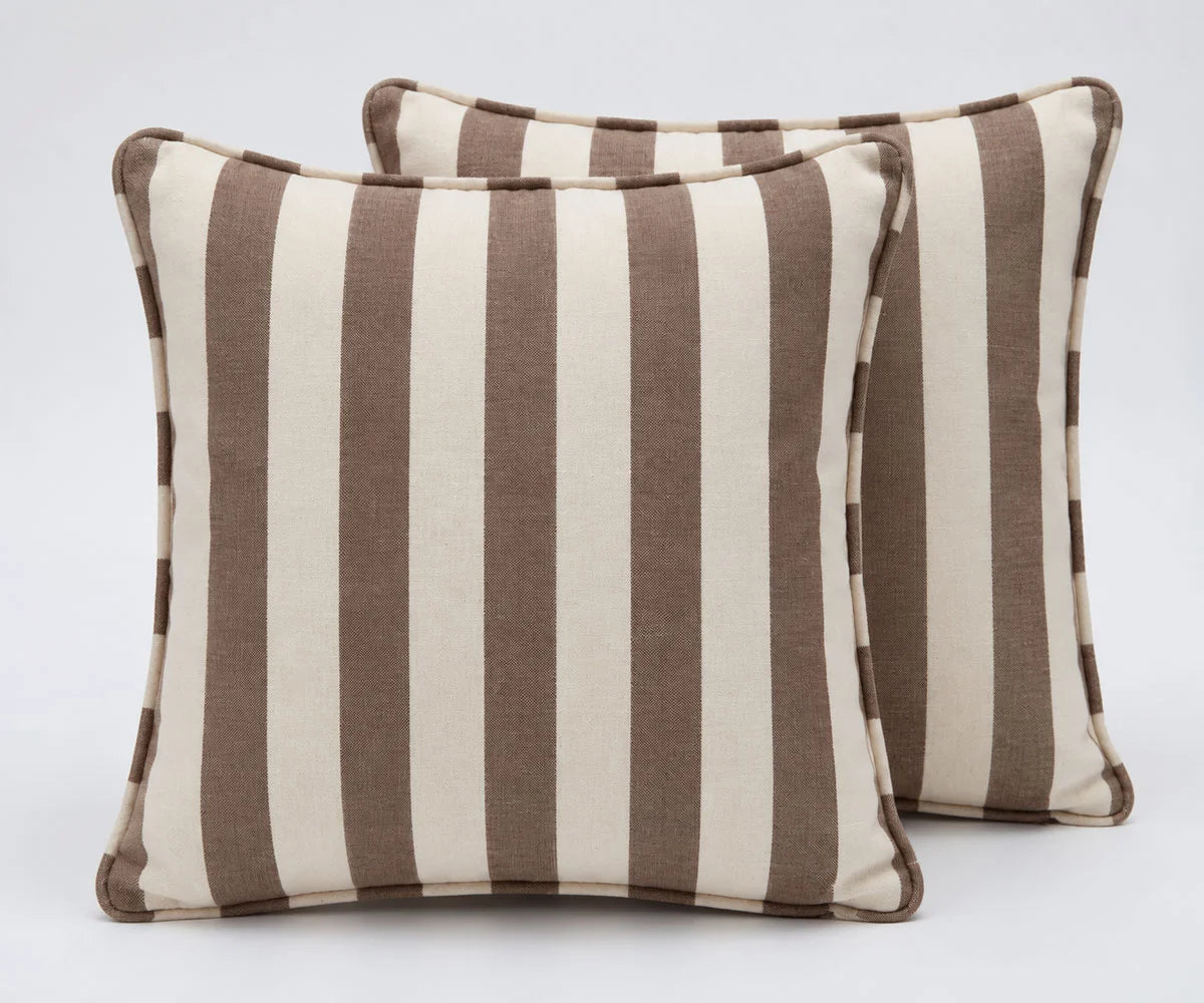 Two coffee brown and beige cotton cabana striped cushion covers in a 2-piece set