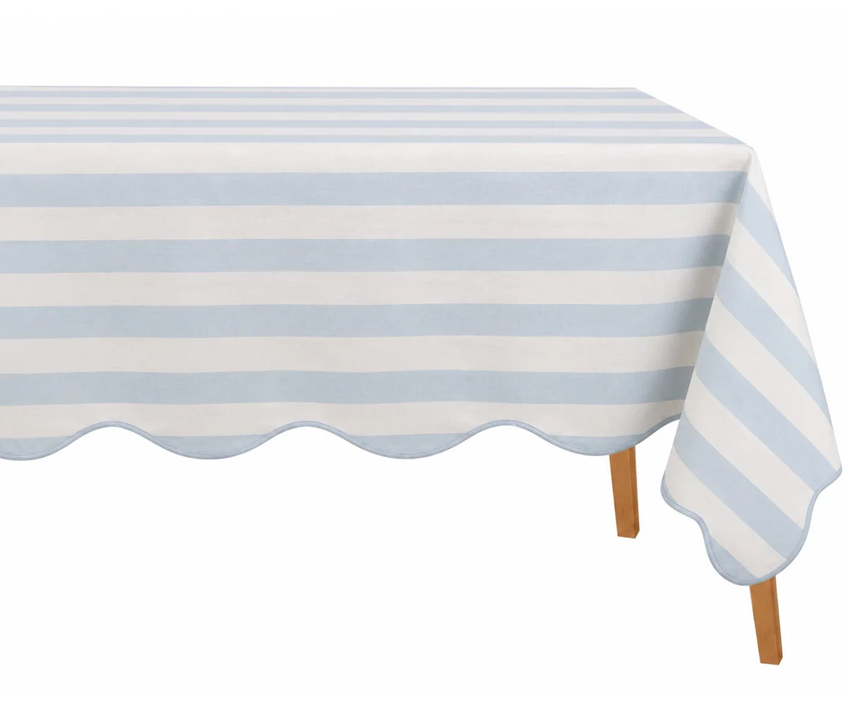 Pale blue striped tablecloth with scalloped edge, cotton tablecloth for dining room and special occasions