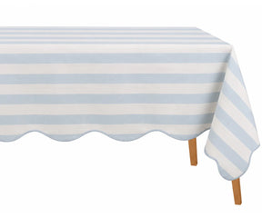 Pale blue striped tablecloth with scalloped edge, cotton tablecloth for dining room and special occasions
