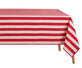 A rectangular table covered with a red and off-white horizontally striped tablecloth, shown against a plain white background with the corner of the cloth draped over the side and the wooden table legs visible.