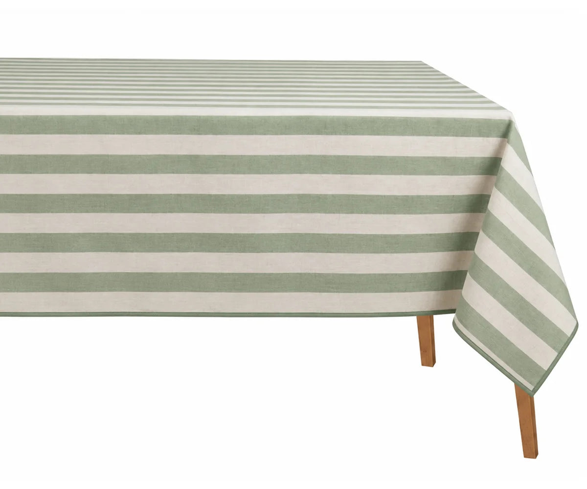 A rectangular table covered with a striped tablecloth in alternating sage green and off-white horizontal bands, shown against a plain white background with the corner drape hanging over the side and light wood legs visible.