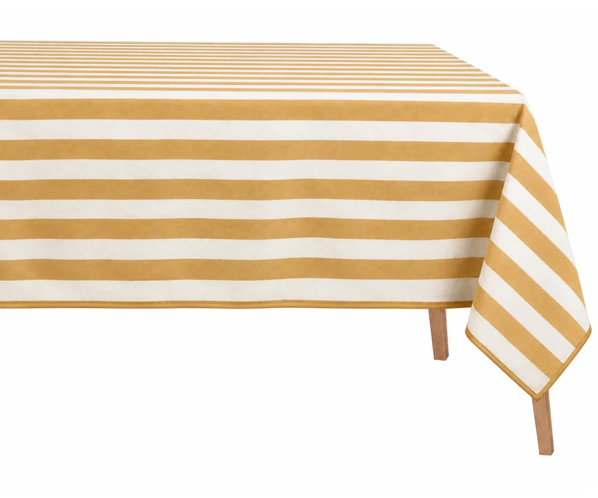 A rectangular table covered with a tablecloth featuring horizontal yellow and off-white stripes, shown on a white background with the front-right corner draped over the table legs.