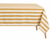 A rectangular table covered with a tablecloth featuring horizontal yellow and off-white stripes, shown on a white background with the front-right corner draped over the table legs.