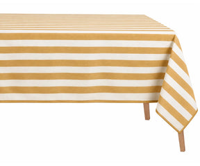 A rectangular table covered with a tablecloth featuring horizontal yellow and off-white stripes, shown on a white background with the front-right corner draped over the table legs.