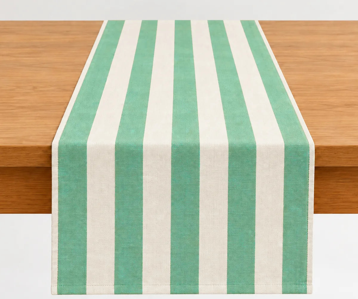 Reusable striped table runner crafted from cotton for casual dining, entertaining guests, holiday meals, and everyday table decor