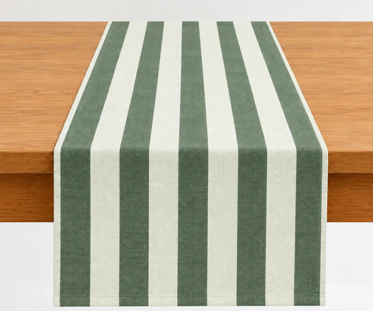 Striped dining table runner made from reusable cotton fabric for spring table styling, family meals, and celebrations