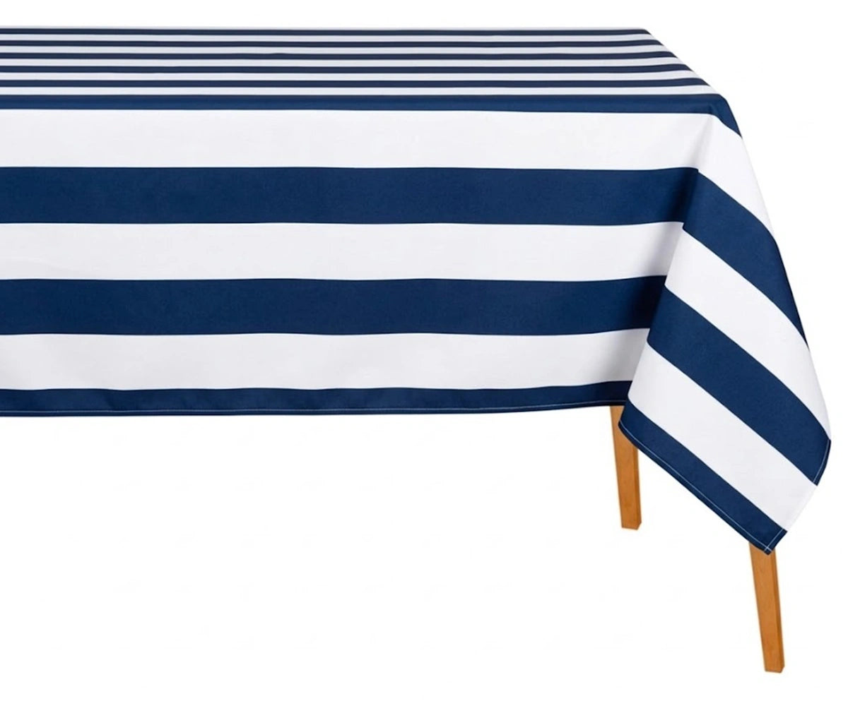 Navy blue and white nautical-style striped cotton tablecloth for dining and outdoor events.