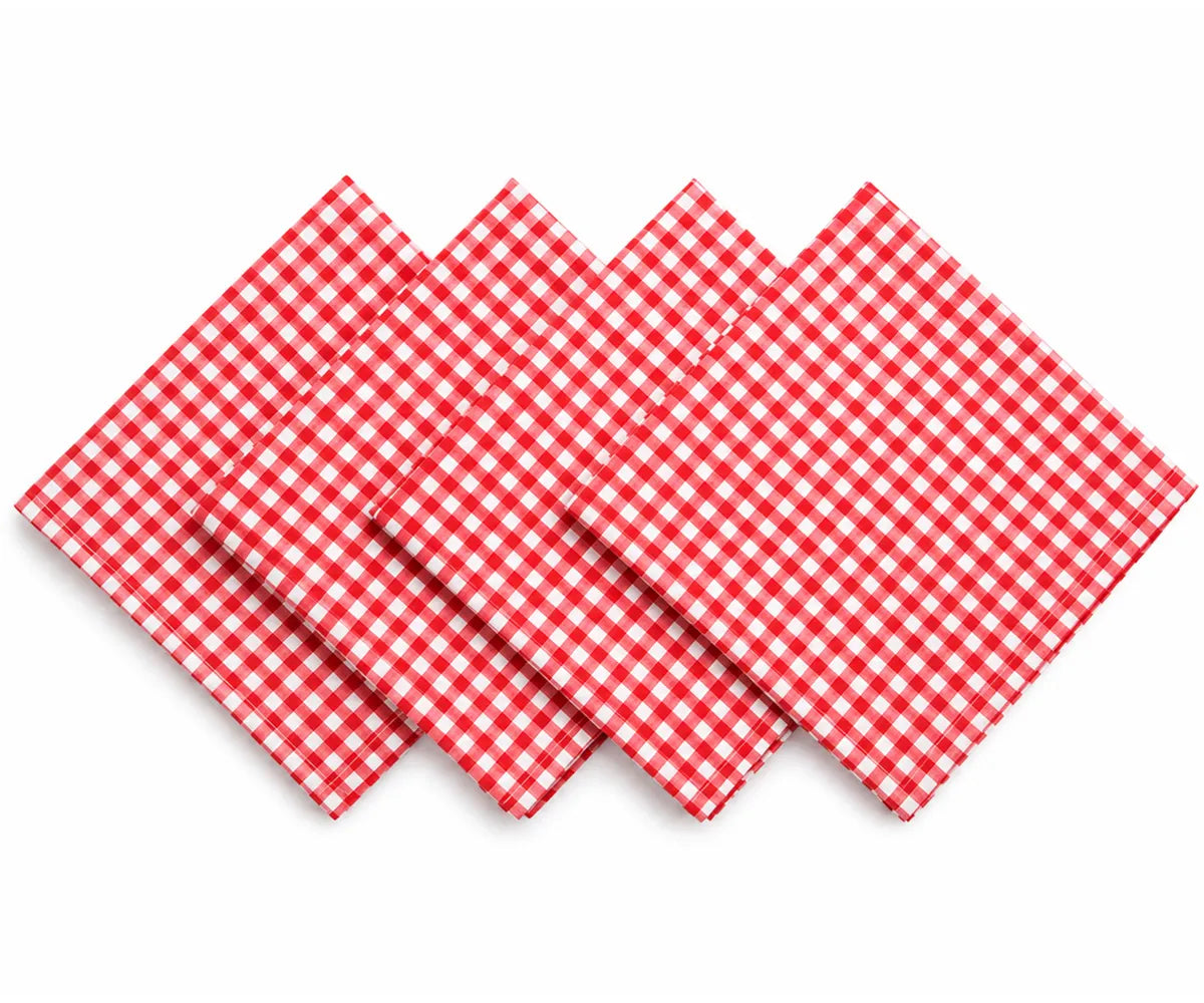 Red and white plaid cotton cloth napkins folded for dining table, reusable farmhouse dinner napkins for Christmas, holiday meals, weddings, and everyday use.