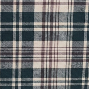 Close-up of 100% cotton plaid check fabric showing woven texture and classic checked pattern used for round and rectangle tablecloths in farmhouse and holiday decor.