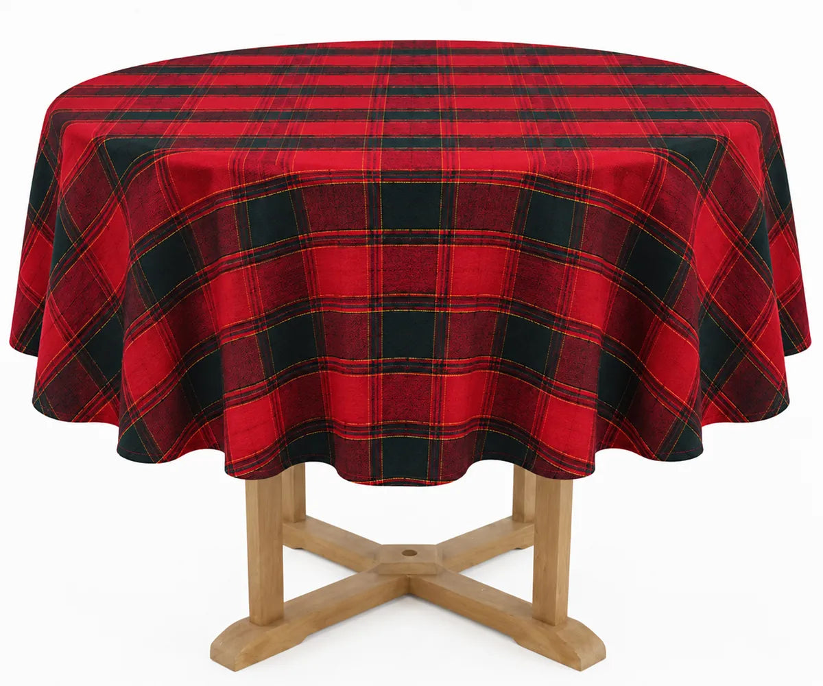 60-inch Plaid Round Tablecloth made from 100% cotton featuring plaid, tartan, buffalo check, and windowpane patterns for farmhouse and holiday dining.