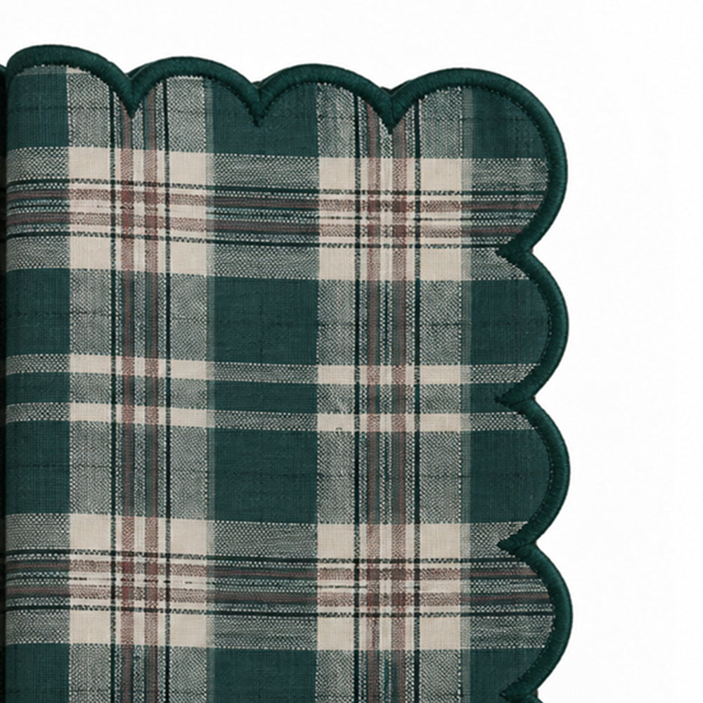Dark green and ivory checked cloth napkin with scalloped edging, classic Christmas table linen for farmhouse dining and holiday gatherings.