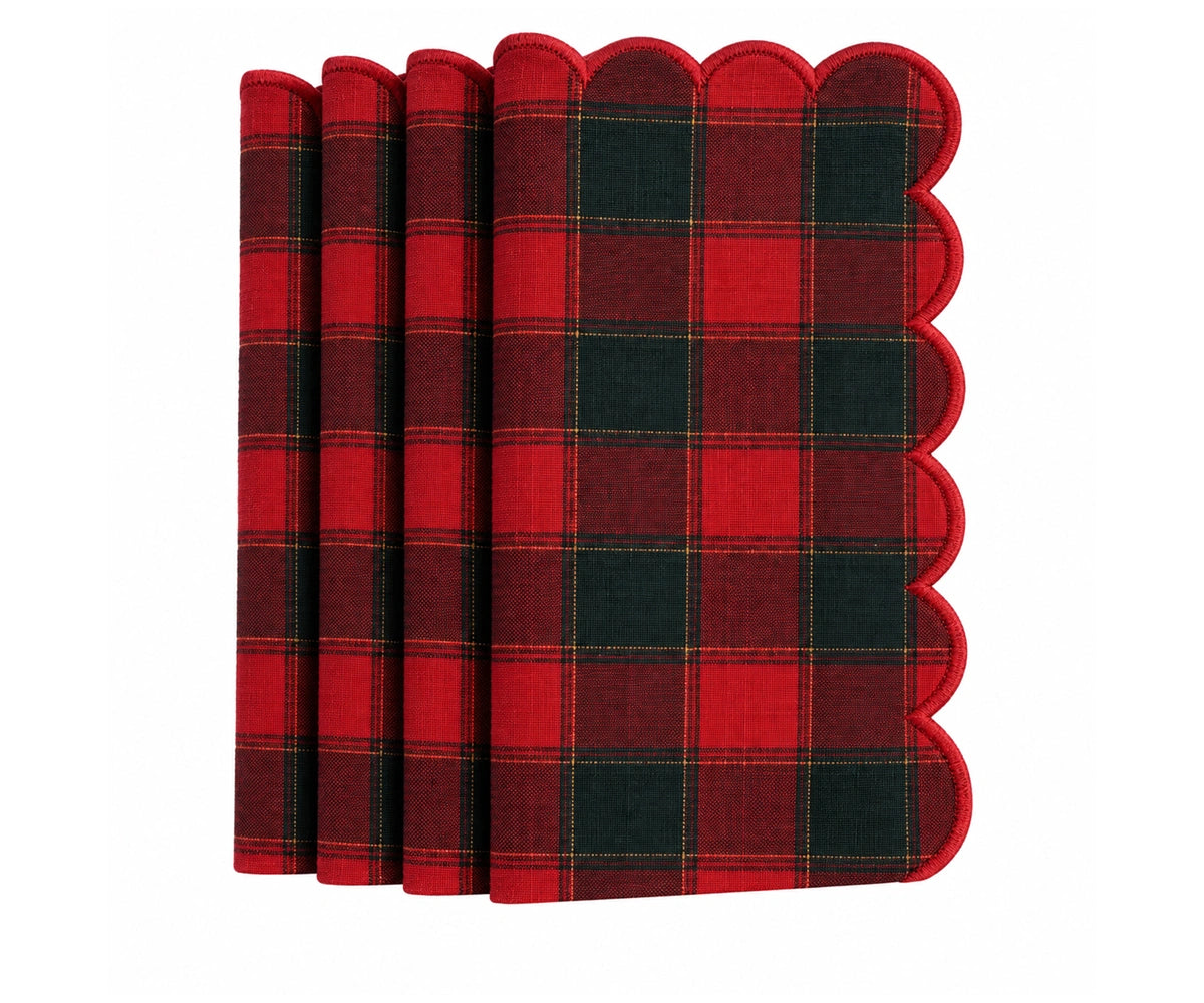 Red and green plaid Christmas cloth napkin with red scalloped edge, traditional holiday table napkin for Christmas dinner parties, family gatherings and festive entertaining
