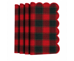 Red and green plaid Christmas cloth napkin with red scalloped edge, traditional holiday table napkin for Christmas dinner parties, family gatherings and festive entertaining
