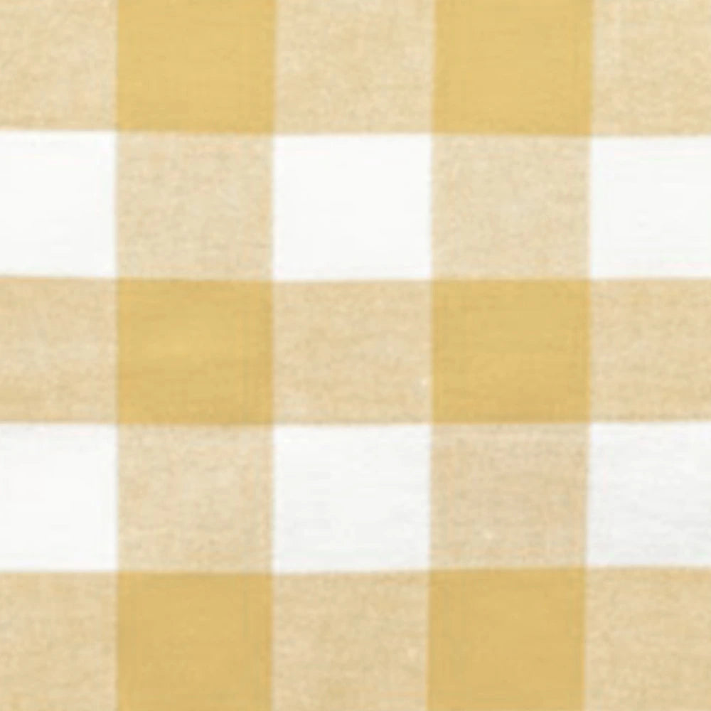 Pale yellow and white check cotton cloth napkins, folded stack of reusable gingham dinner napkins - close up