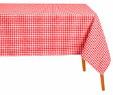 Red and white gingham cotton tablecloth on a rectangular dining table, reusable plaid tablecloth for farmhouse kitchens, everyday dining, Christmas celebrations, family meals, and holiday entertaining.
