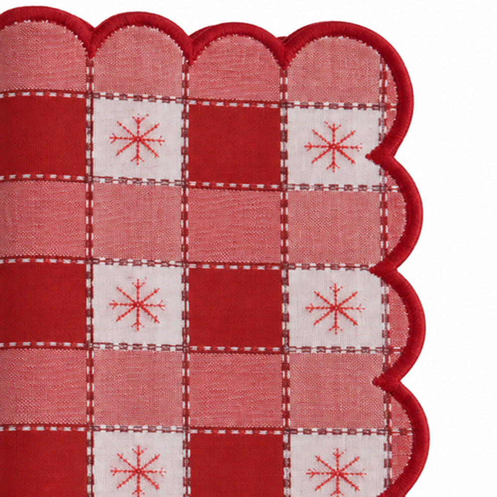 Red and white plaid Christmas napkin with scalloped trim and snowflake accents, festive cloth napkin
