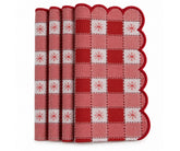 Red and white Christmas plaid cloth napkin with scalloped edge, festive snowflake pattern for holiday dinner table and Christmas table setting.