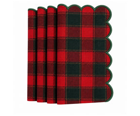 Red and green checked Christmas napkin with decorative green scalloped trim, reusable holiday cloth napkin for Christmas dinner and farmhouse table décor