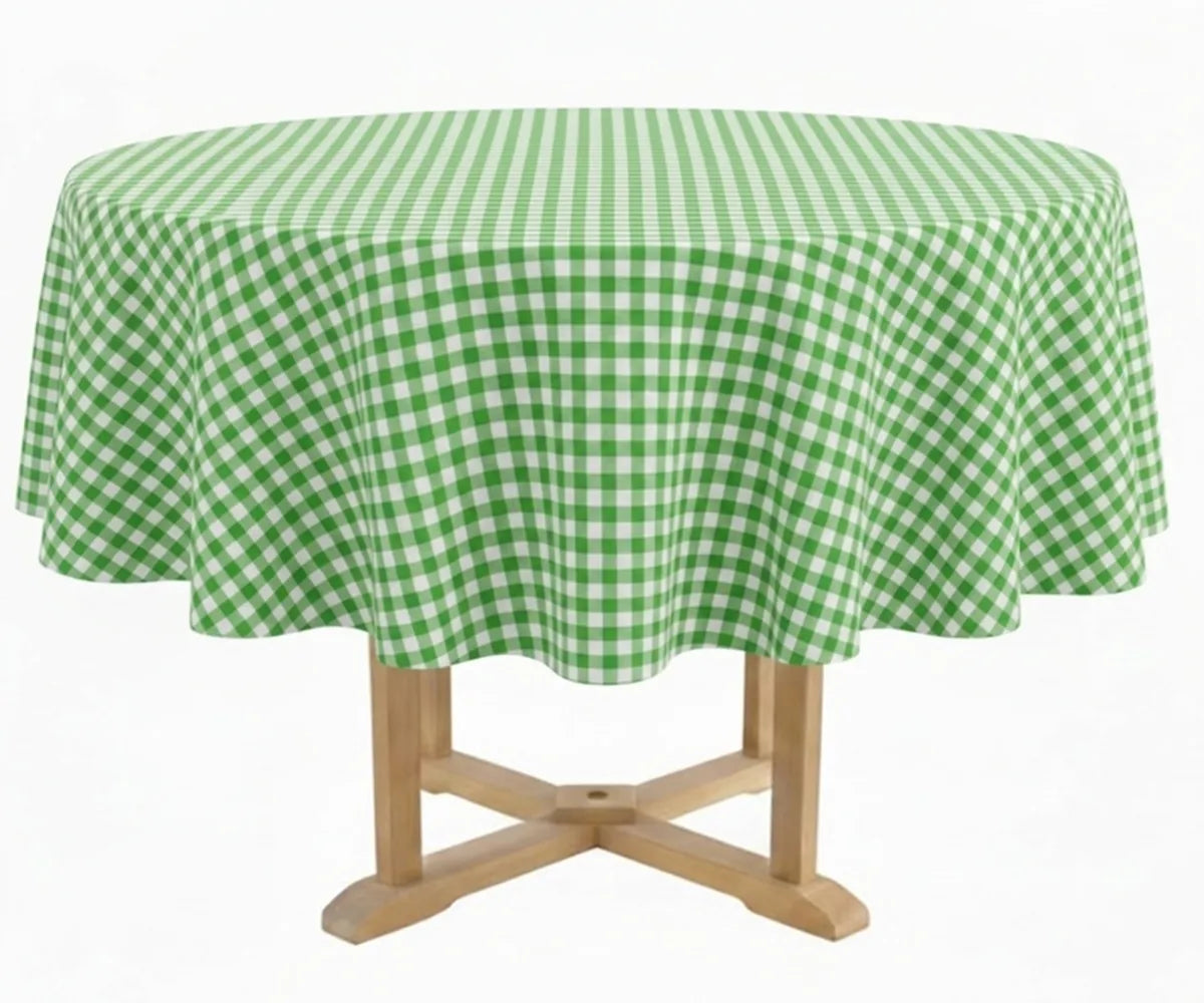Lime Green Round Gingham Tablecloth in 100% cotton with a lime green and white plaid check pattern, displayed on a round dining table for farmhouse, cottage, and everyday dining décor.