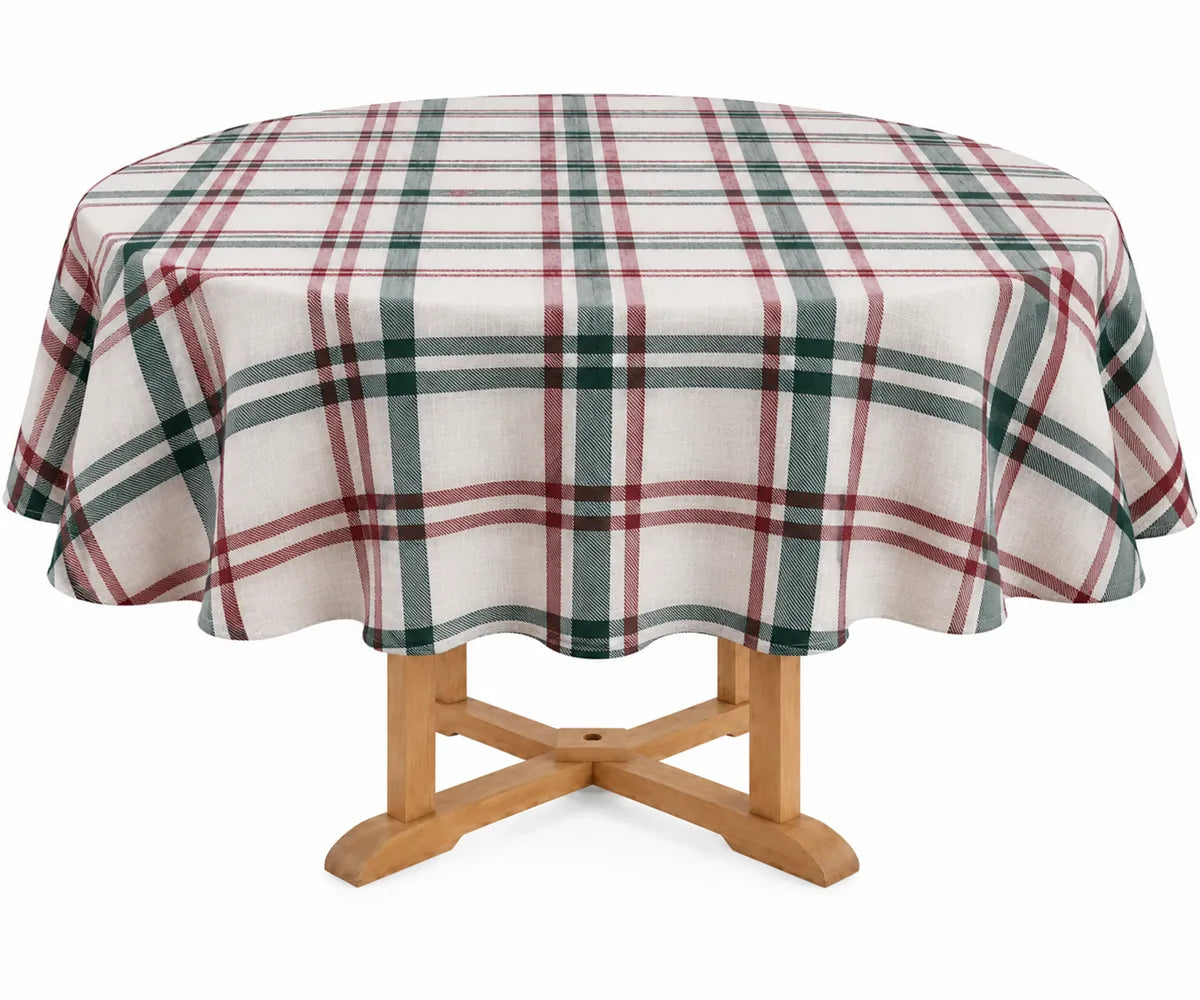 Decorative round table covering featuring a timeless checked weave, designed for casual dining, family meals, holiday entertaining, rustic settings, and special occasions.