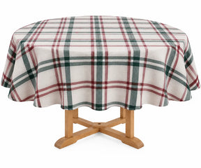 Decorative round table covering featuring a timeless checked weave, designed for casual dining, family meals, holiday entertaining, rustic settings, and special occasions.