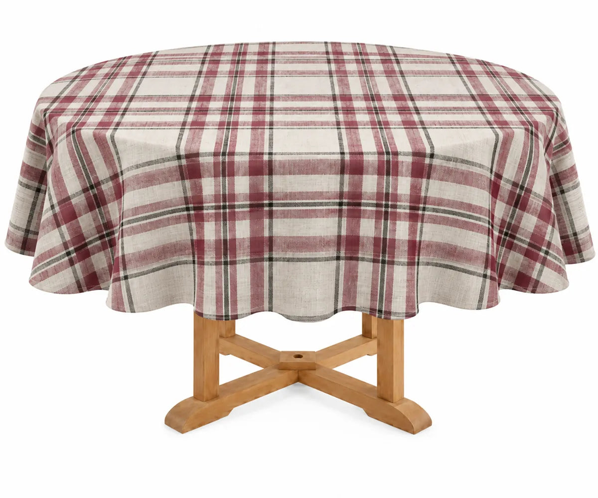Classic round table linen showcasing a versatile checkered design, perfect for dining room styling, farmhouse table settings, holiday meals, entertaining, and seasonal home decor.