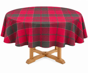 Round cotton tablecloth with a classic plaid pattern, ideal for dining tables, everyday meals, farmhouse interiors, seasonal gatherings, and festive table decor.