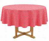 Red Round Gingham Tablecloth in 100% cotton with a classic red and white plaid check pattern, styled on a round dining table for holiday entertaining, farmhouse décor, family meals, and everyday dining.