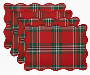 Red and green plaid cotton placemats with scalloped edges