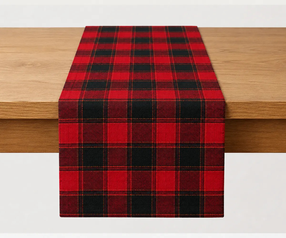 Red and black checked cotton table runner with a classic woven pattern, designed for dining table decoration and everyday home use