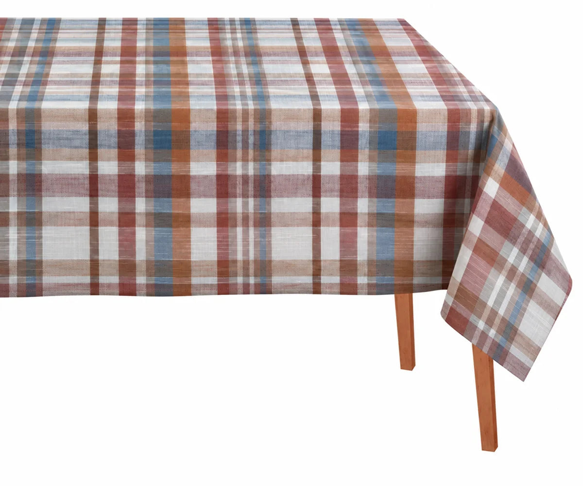 Rust and dusty blue fall plaid tablecloth rectangle for Thanksgiving dining and seasonal table décor