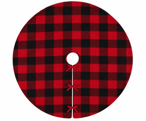 A circular Christmas tree skirt with a classic red and black buffalo plaid pattern, featuring a central hole and three decorative red ribbon bows tied along the bottom edge, shown on a plain white background.