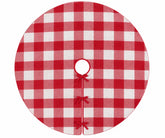 A circular Christmas tree skirt with a red and white gingham checkered pattern, featuring a central hole and three red decorative ties at the bottom, shown on a plain white background.