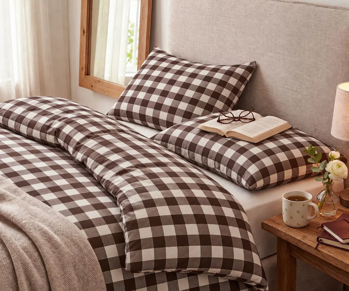 Coffee brown plaid bedding set featuring a gingham duvet cover and matching pillowcases, ideal for a warm, neutral, and modern rustic bedroom.