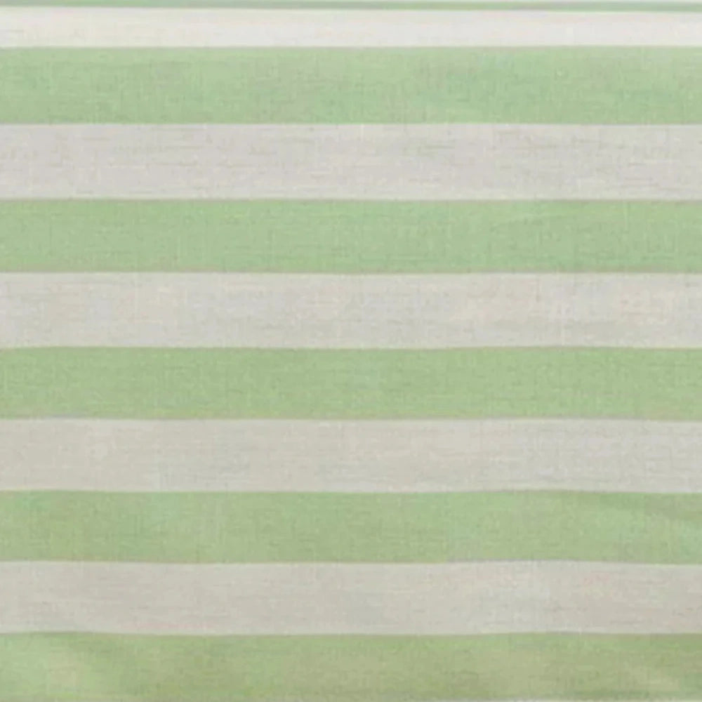 Horizontal sage green and white striped cotton cushion cover fabric close-up.
