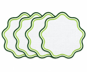 Round green scalloped cotton placemat with contrasting wavy trim, colorful round cloth placemat for dining table décor and everyday meals.