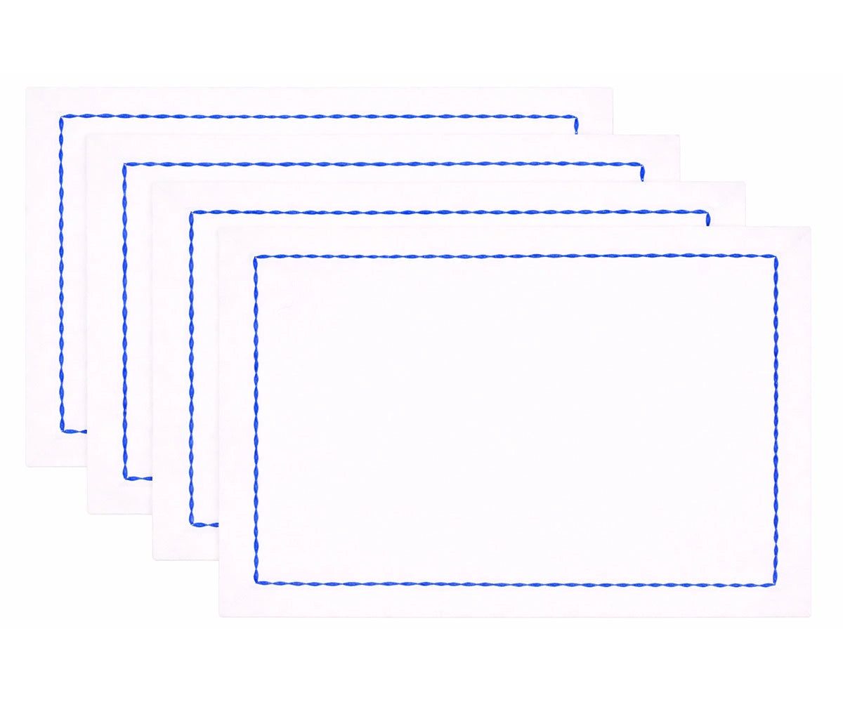 Premium white embroidered cotton napkins arranged in assorted border shades