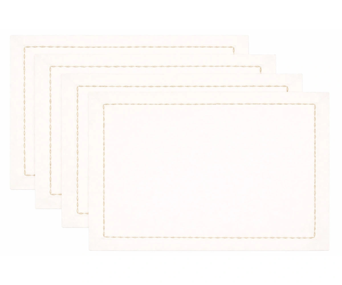 Assorted white cotton napkins with decorative embroidered borders, presented in multiple color trims for dining.