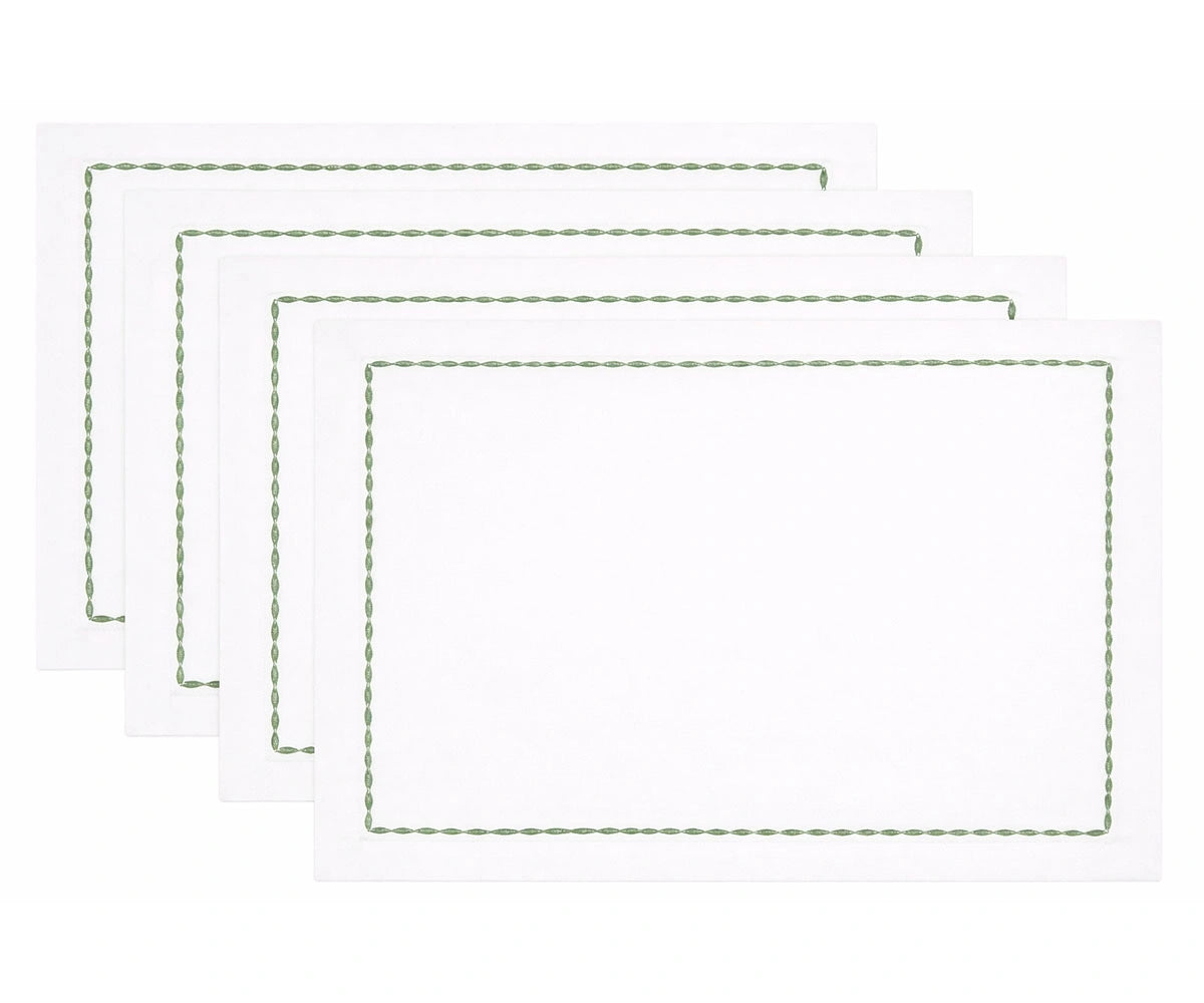 White cotton napkin with green stitched trim