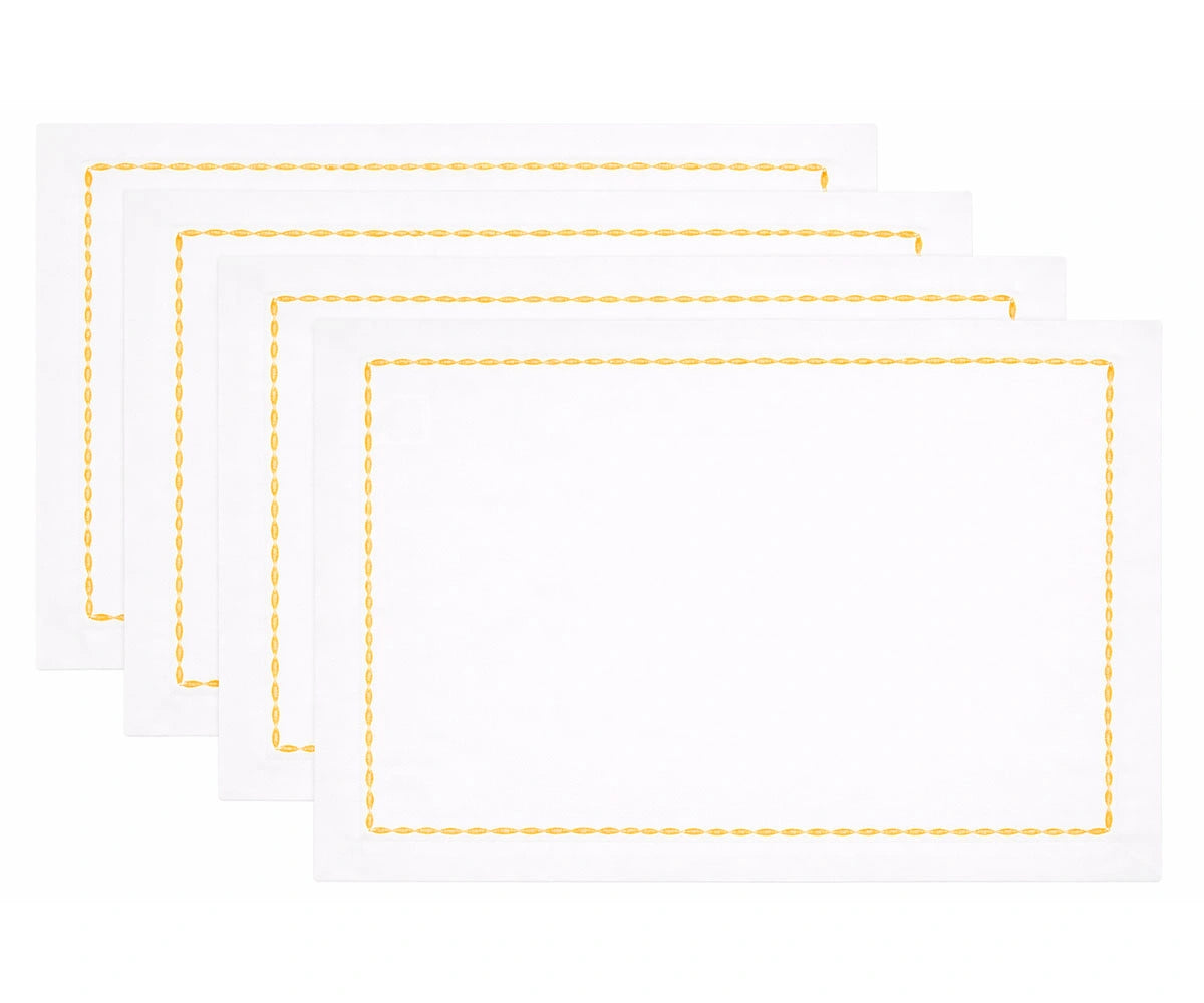 Collection of white cotton table napkins with neatly embroidered borders in a variety of elegant colors