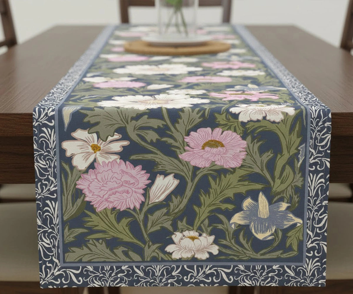 Printed green floral table runner made from 100% cotton, botanical table décor for everyday dining, weddings, and spring summer tablescapes.